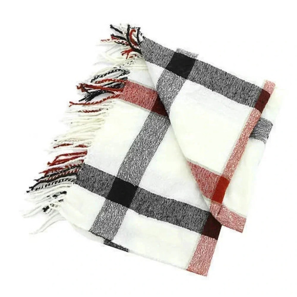 Free People  Ivory Valley Plaid Fringe Scarf New! - Picture 2 of 6